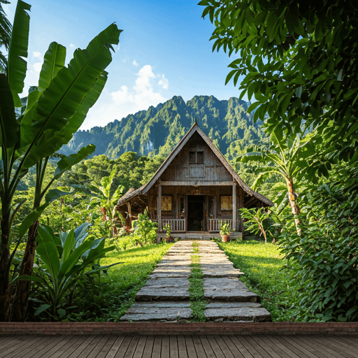 A wooden Lao house surrounded by tropical greenery and mountains