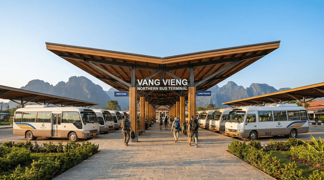 Vang Vieng bus terminal with minibuses and mountain views