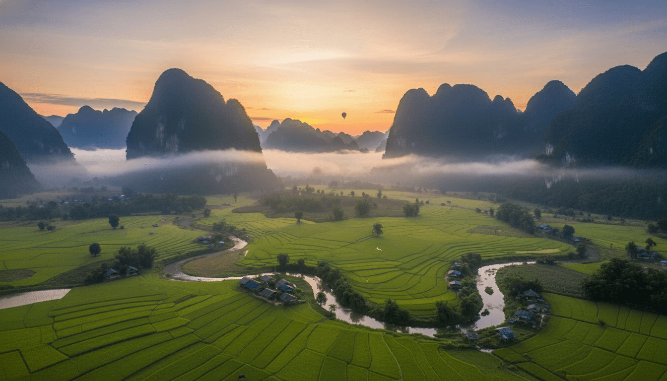 Morning mist over Vang Vieng limestone karsts