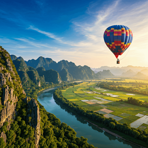 Hot air balloon above Vang Vieng karsts